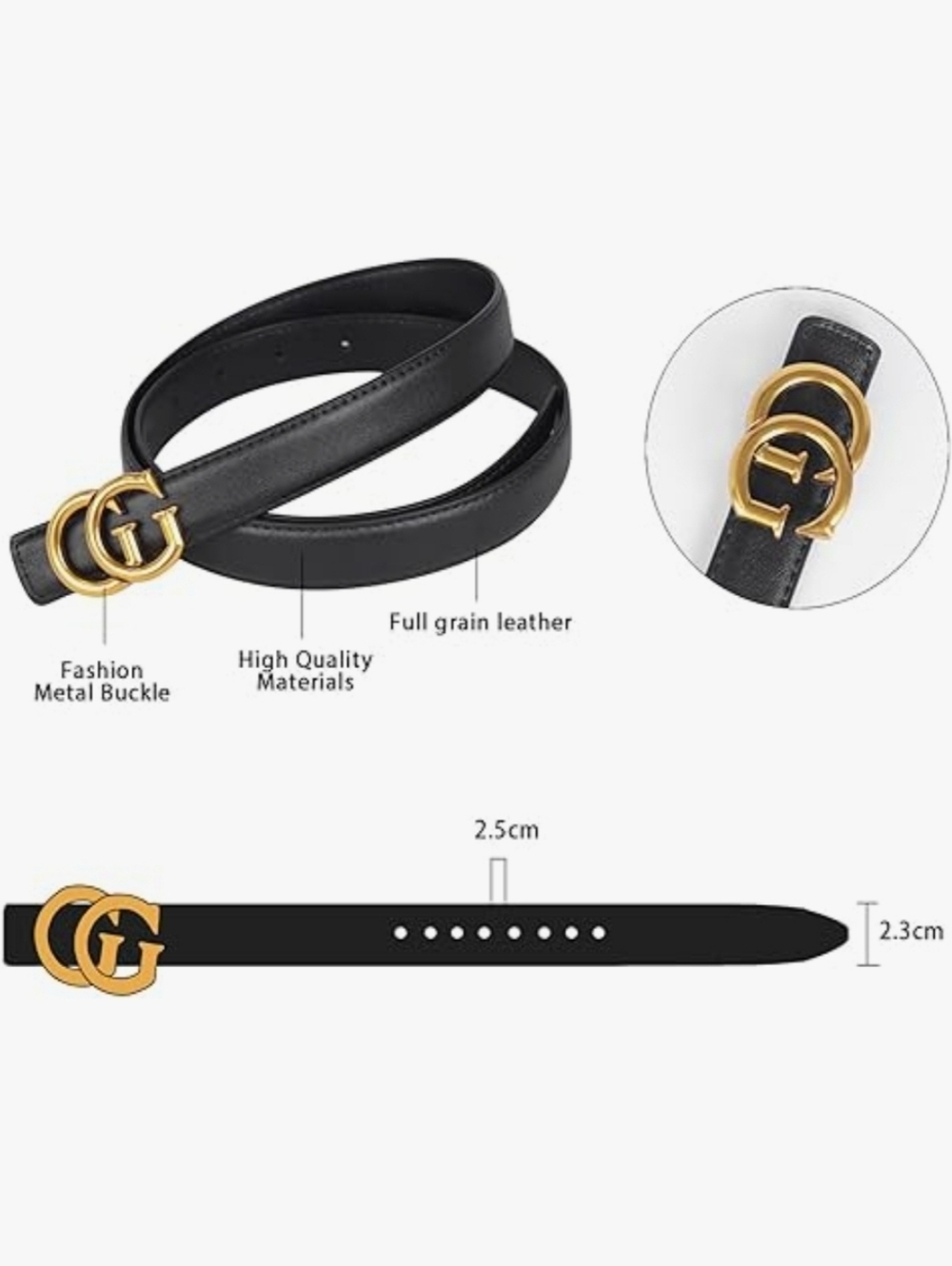 Stylish Black Leather Belt with Gold Buckle